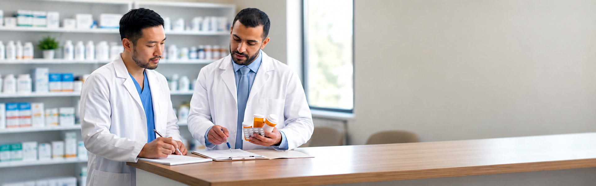 Two diverse male pharmacists discussing medication and writing prescriptions at pharmacy counter