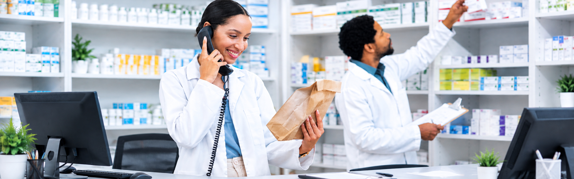 pharmacist smiling while having a call