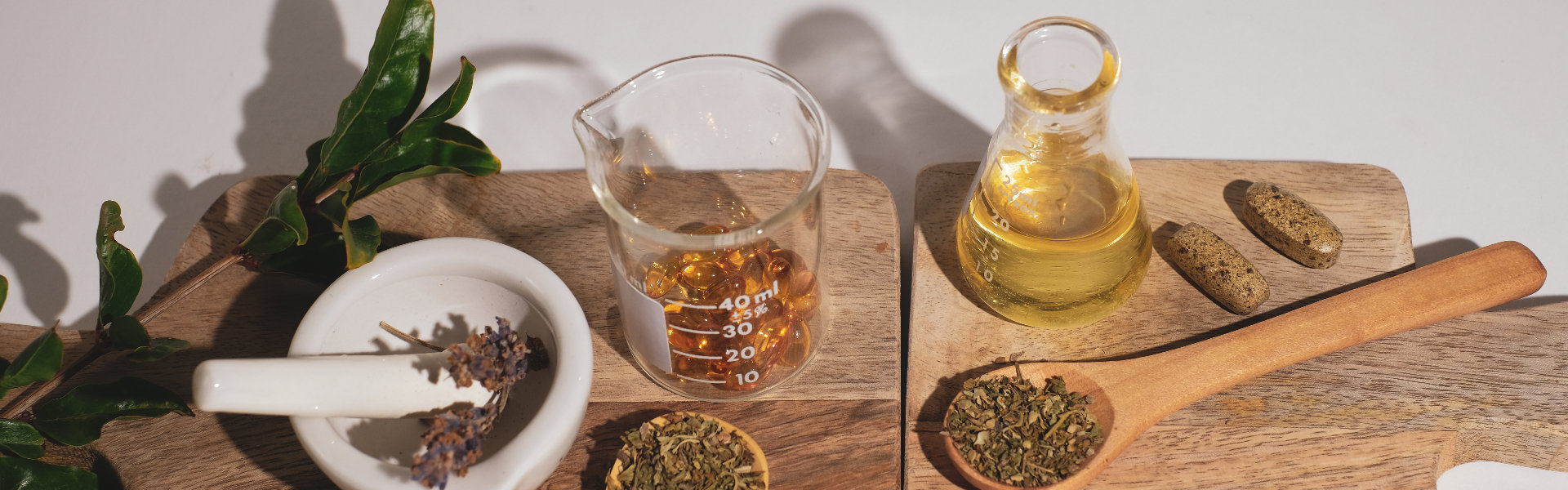 Herbal ingredients on wooden boards